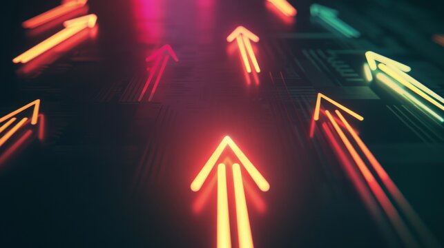 Brightly colored arrows point upwards in a dramatic display, symbolizing progress and forward momentum on a digital backdrop.