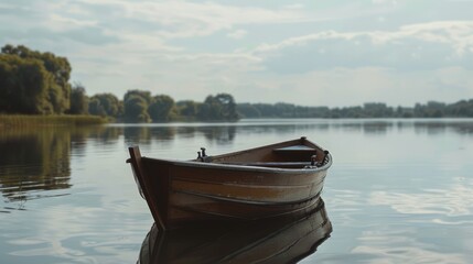 Obraz premium A single wooden boat on a placid lake under a partly cloudy sky, evoking serenity and a sense of adventure.