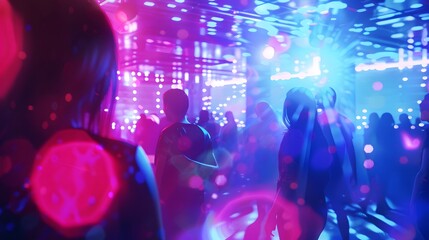 Futuristic nightclub scene with holograms and bokeh lights, rave vibe