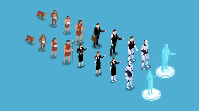 Human evolution of man from ape monkey to digital world technology 3d animation cartoon