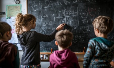 Un'insegnante guida i suoi alunni durante una lezione di matematica, spiegando concetti complessi su una lavagna. L'immagine cattura l'impegno e la concentrazione dei bambini mentre partecipano attiva