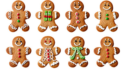Collection of Eight Festive Gingerbread Cookies Decorated with Icing on Transparent Background