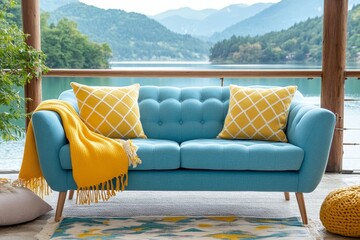 Stylish Blue Sofa with Yellow Pillows and Knitted Blanket by the Lake Interior Design Inspiration