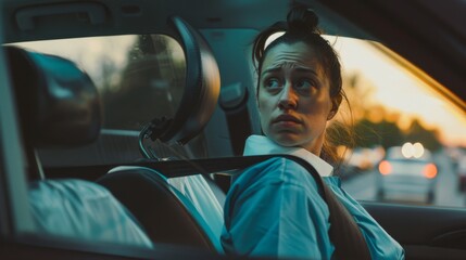 A woman in a car's backseat looks intently over her shoulder as evening light streaks through the window, capturing a moment of concern or contemplation.
