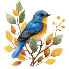 Vibrant Blue Bird Perched Among Autumn Leaves