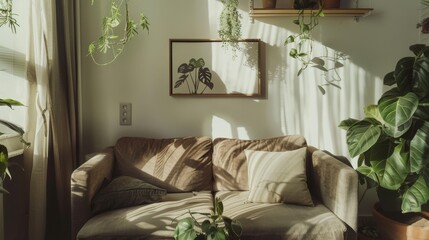 A cozy, sunlit living room filled with green plants, a beige couch, soft pillows, and a framed leaf print, creating a serene and inviting atmosphere.