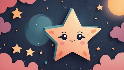 Animated smiling star amid clouds and a night sky backdrop.
