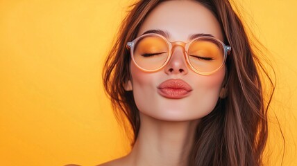 Close up photo portrait of winsome pretty cute lovely sweet glad nice lady sending kiss to you wearing  transparent glasses closed eyes isolated pastel background