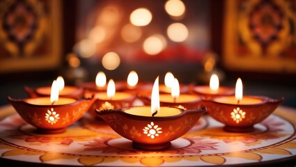 Warm Diwali oil lamps glowing softly in an ambient setting.