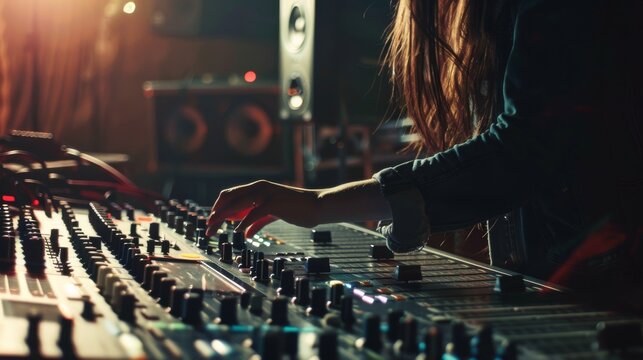 A music producer adjusts controls on a sound mixing board in a dimly lit studio, creating an atmosphere of creativity and focus.