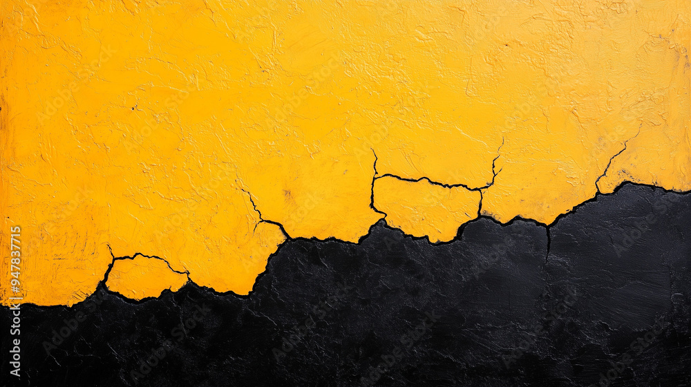 Wall mural Cracked yellow and black Abstract paint surface, Textured yellow and black wall, Cracked paint on rough surface, Creative cracked design concept