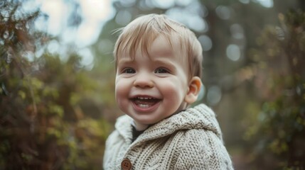 A laughing toddler in a knitted sweater captured in a natural outdoor setting, radiating pure joy and innocence.
