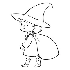 Little witch wearing a cape and hat, black and white outline, Halloween-themed designs, children's illustrations, web icons and textile patterns