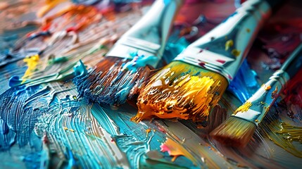Close up of paints brushes and crayons used in art therapy