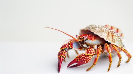 A vibrant, colorful hermit crab poised elegantly against a plain, white background, showcasing its detailed, striking shell and features.