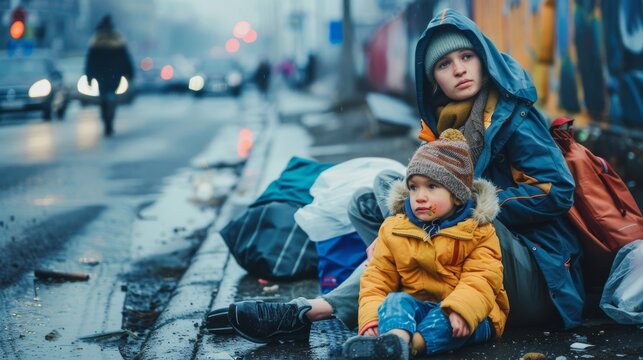 A mother and child sit on a city sidewalk amidst bags of belongings, wrapped up warmly against the cold, as life in the background carries on indifferently.