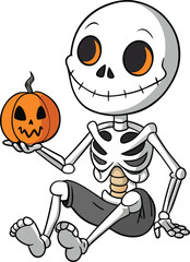 A spooky Halloween cartoon-style skeleton holding a  jack o' lantern in one hand