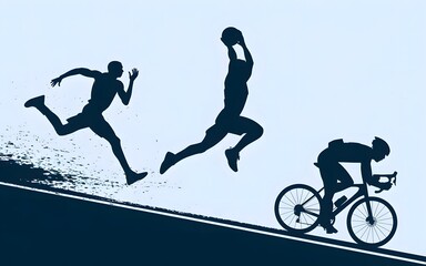 Silhouettes of a basketball player dunking, a runner sprinting, and a cyclist pedaling, scattered like stickers on a crisp white background.