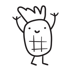 Pineapple waving. Funny little character. Outline isolated icon. Hand drawn illustration
