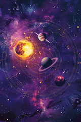 Fototapeta premium Astrology. Astro Astrologer calculates natal chart makes forecast of fate Tarot cards, Fortune telling on tarot cards magic crystal, occultism, Esoteric background. Fortune telling,tarot predictions