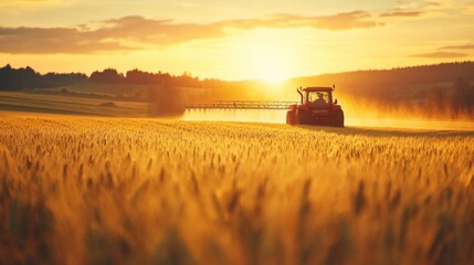 Fototapeta premium Tractor Spraying Crops at Sunset
