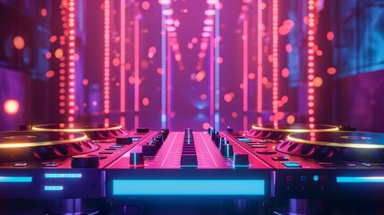 DJ booth with neon lights and bokeh effect, futuristic visuals and beautiful mind style