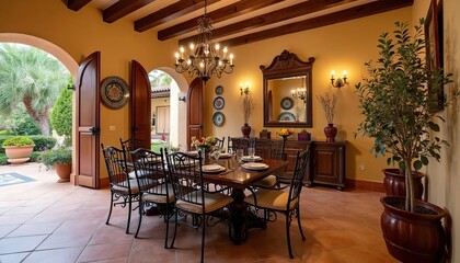 Naklejka premium Mediterranean Dining Room with Archways and Terracotta Tiles