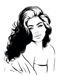 fashion illustration of luxury pretty woman with wavy hair