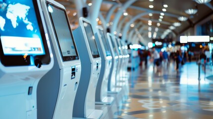 A series of high-tech, interactive kiosks lined up in a spacious, bustling airport terminal, capturing the essence of modern air travel.