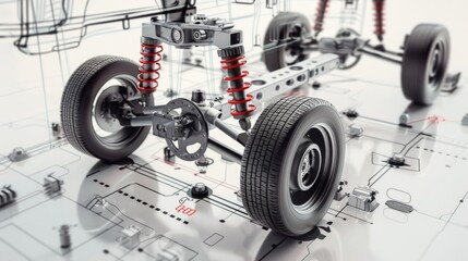 A sophisticated and detailed close-up of a modern vehicle suspension system, showcasing its components and engineering precision.