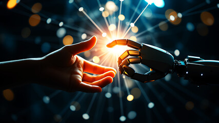 A human hand and a robotic hand reaching out to touch each other, surrounded by a web of light