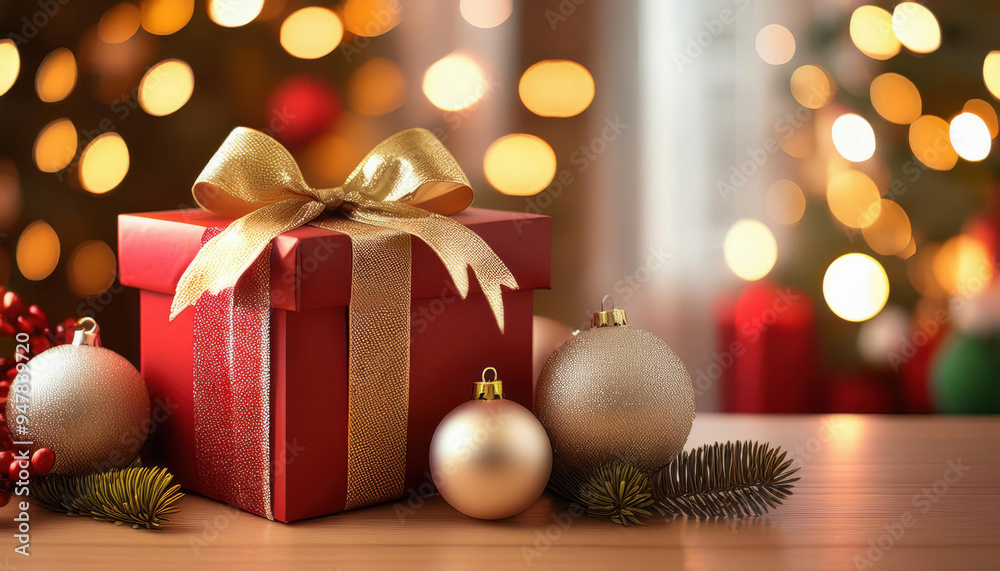 Wall mural close up of red wrapping paper christmas gifts, gold ribbon on wooden table at home with warm bokeh 