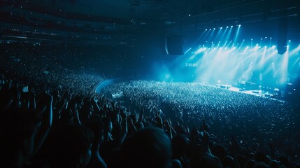 A massive crowd enjoys a live concert in a stadium, immersed in the vibrant blue lights and pulsating energy of the performance.