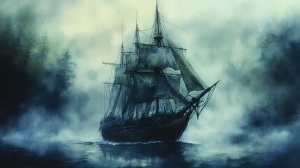 A haunting, old sailing ship navigates through dense fog on still waters at dawn, evoking a sense of mystery and the supernatural.