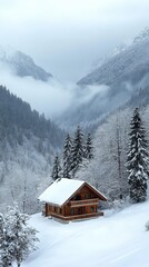 Fototapeta premium Snowstorm engulfing a mountain cabin, harsh weather, snow-covered surroundings