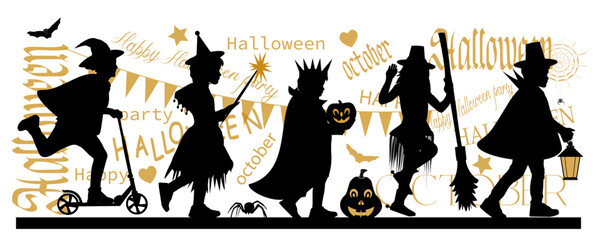 Happy Halloween. Children silhouettes with halloween text on white background. Vector illustration.	
