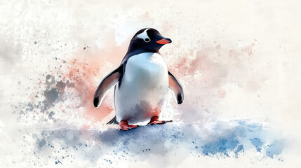 Obraz premium Gentoo penguin, black and white, standing on snow, Antarctica