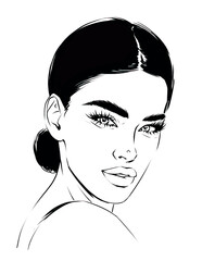 hand-drawn fashion illustration of pretty woman with long eyelashes