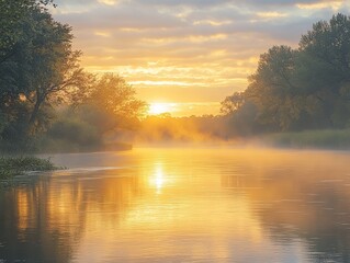 Hazy sunset over a calm river, humid weather, golden hour light