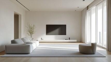 Spacious modern living room with a minimalist design, featuring a slim TV, neutral tones, and minimal furniture for an airy, open feel.