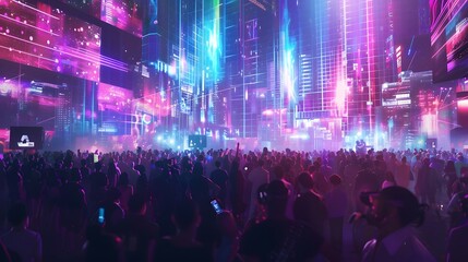 Obraz premium Crowd under neon lights, bokeh effect and beautiful mind visuals, rave atmosphere