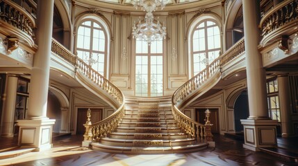 Obraz premium A grand staircase with ornate railings bathes in sunlight, encapsulating grandeur and opulence in a palatial setting.