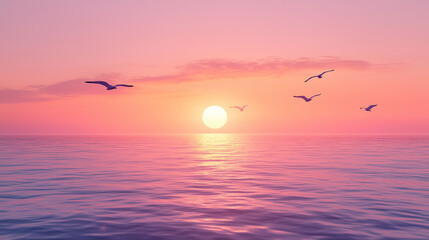 A tranquil sunset over a calm ocean The sky is adorned with soft pink, orange, and lavender hues