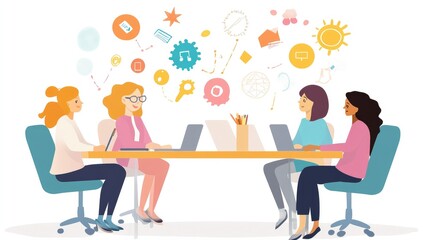 Team of businesswomen brainstorming at a conference table, collaborating to solve a complex business challenge.