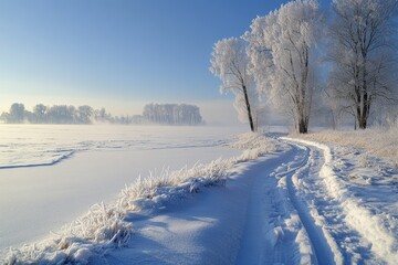 Obraz premium Drifting snow across a frozen lake, winter weather, cold and desolate