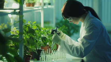 A scientist in a lab coat carefully conducting experiments on plants under controlled conditions.