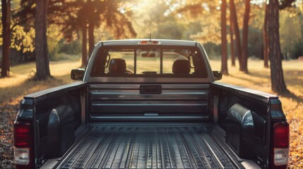 The open bed of a pickup truck parked in a serene forest clearing, bathed in warm, golden, late afternoon sunlight.