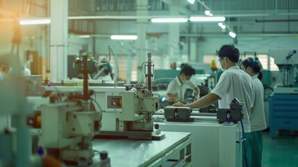 Obraz premium A bustling industrial factory floor with workers operating machinery, capturing the essence of manufacturing and productivity.