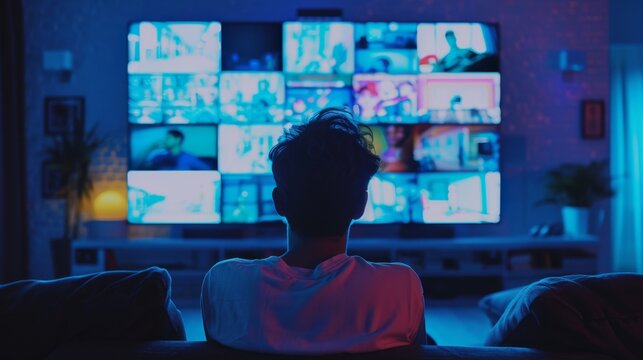 The silhouette of a person watching multiple screens in a dimly-lit room, embodying the essence of modern digital life and media consumption.