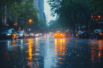 Sudden downpour soaking an urban landscape, wet weather, city in the rain